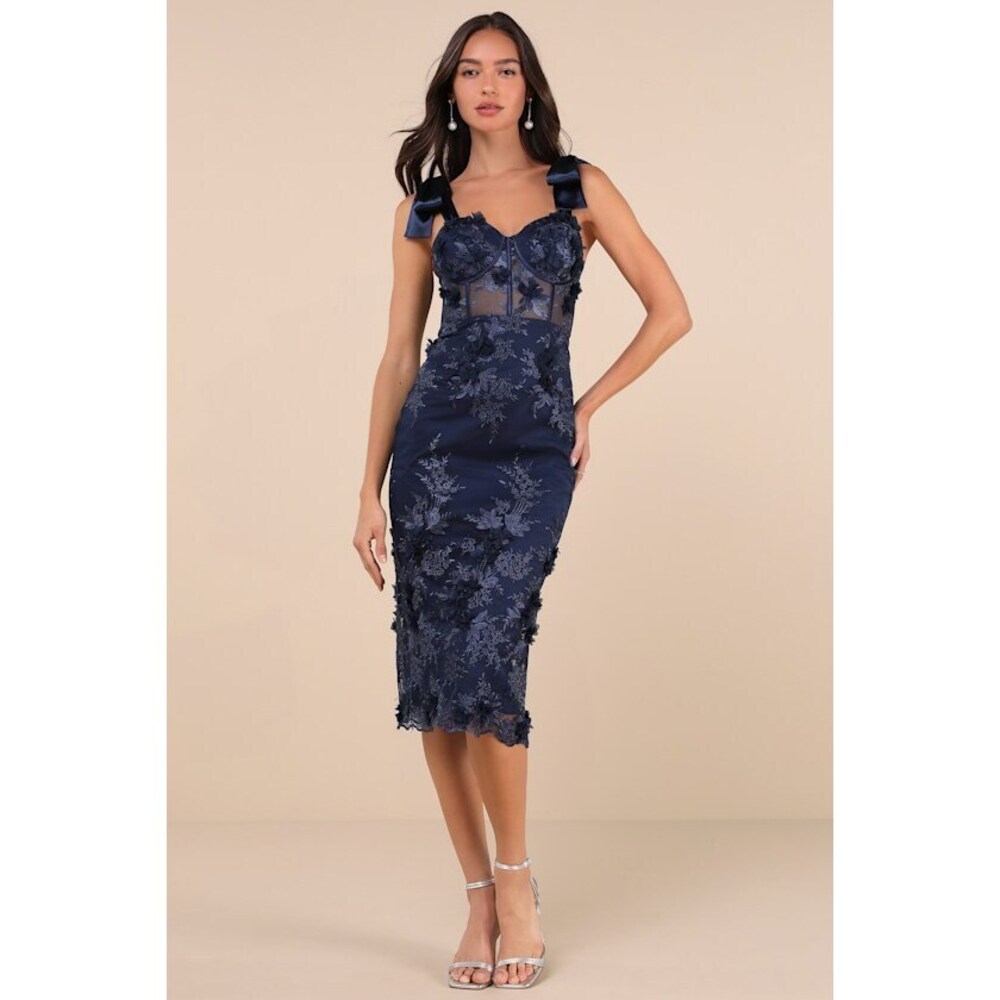 Lulus Exquisite Charisma Navy 3d Floral Bustier Tie-strap Midi Dress Blue